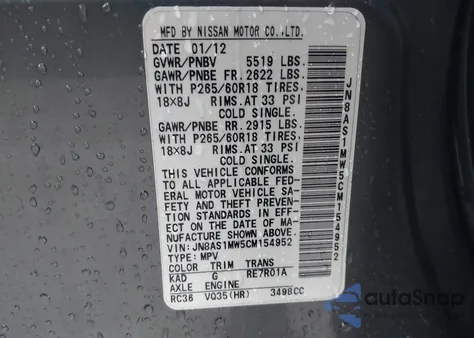 2012 Infiniti Fx35 z USA, uszkodzony, nr VIN JN8AS1MW5CM154952